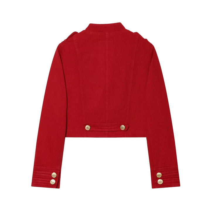 Women’s short military-inspired jacket with decorative ornate buttons