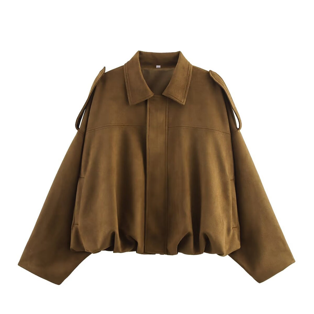 Women Cropped Oversized Blouson Jacket in Velour Look with Drawstring Hem and Epaulettes