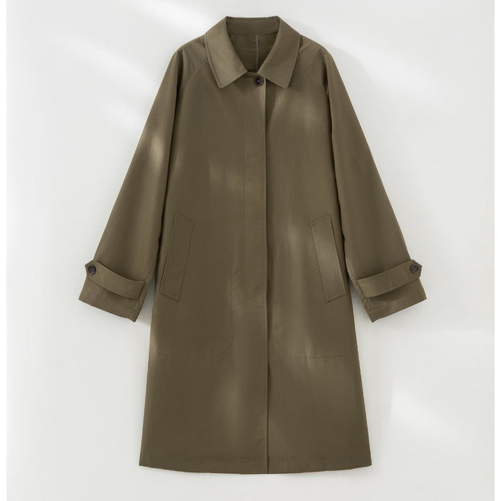 Women Longer minimalist trench coat with concealed button placket and adjustable cuffs