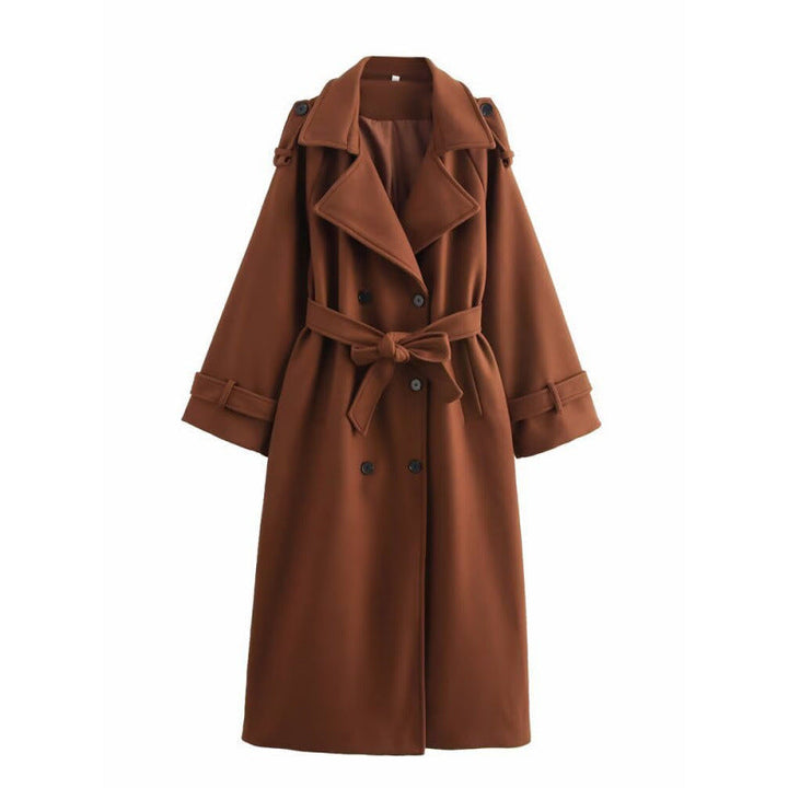 Women’s long double-breasted wool blend trench coat with belt and wide lapels