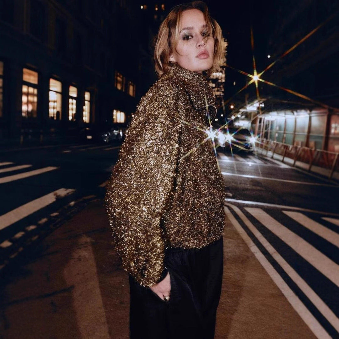 Ladies Glittering Boucle Zip Jacket with Wide Collar and Cropped Boxy Cut