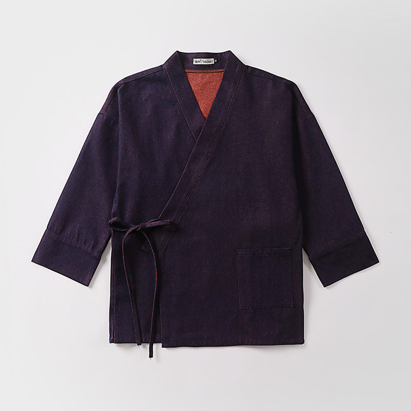 Unisex Lightweight Wrap Kimono Jacket made of Linen-Cotton Blend with Contrast Trim and Tie Belt