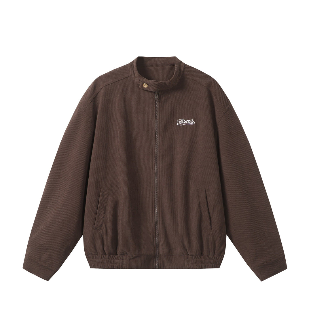 Unisex loose-fitting corduroy blouson jacket with stand-up collar, full-length zip, and elastic hem