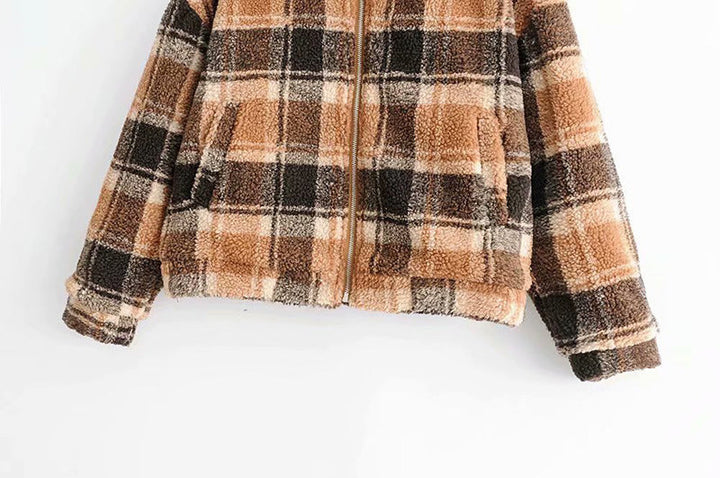 Women Checked Teddy Jacket with Zip, Oversized Cut and Faux Fur Lining