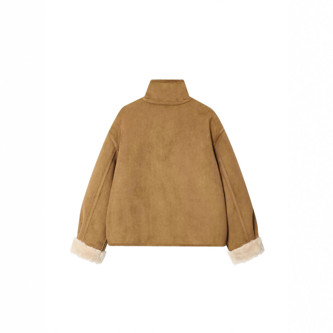 Women Short Jacket made of Suede Leatherette with Teddy Lining and Stand-Up Collar