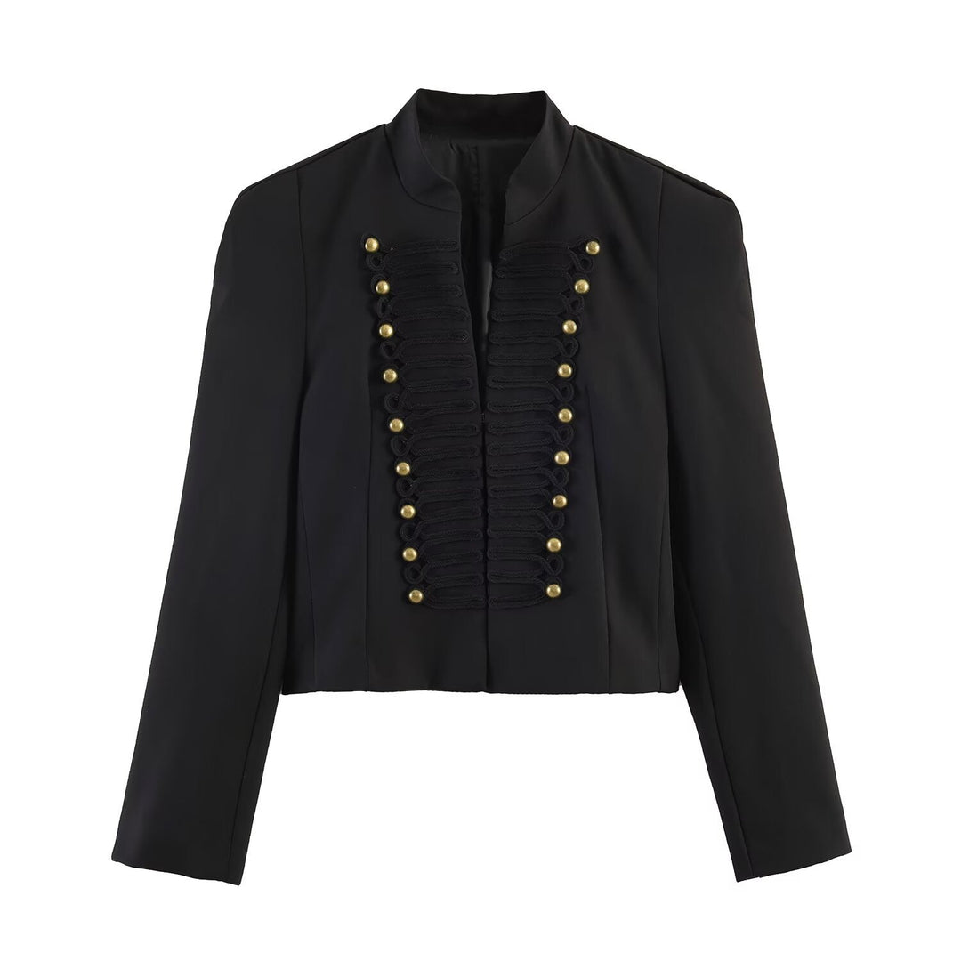 Women military-inspired cropped jacket with stand collar and decorative button detail