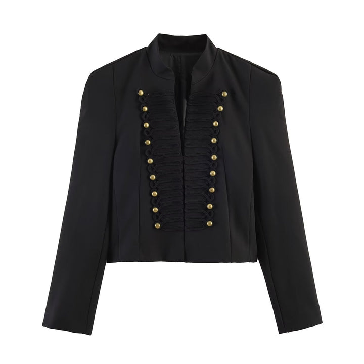 Women military-inspired cropped jacket with stand collar and decorative button detail