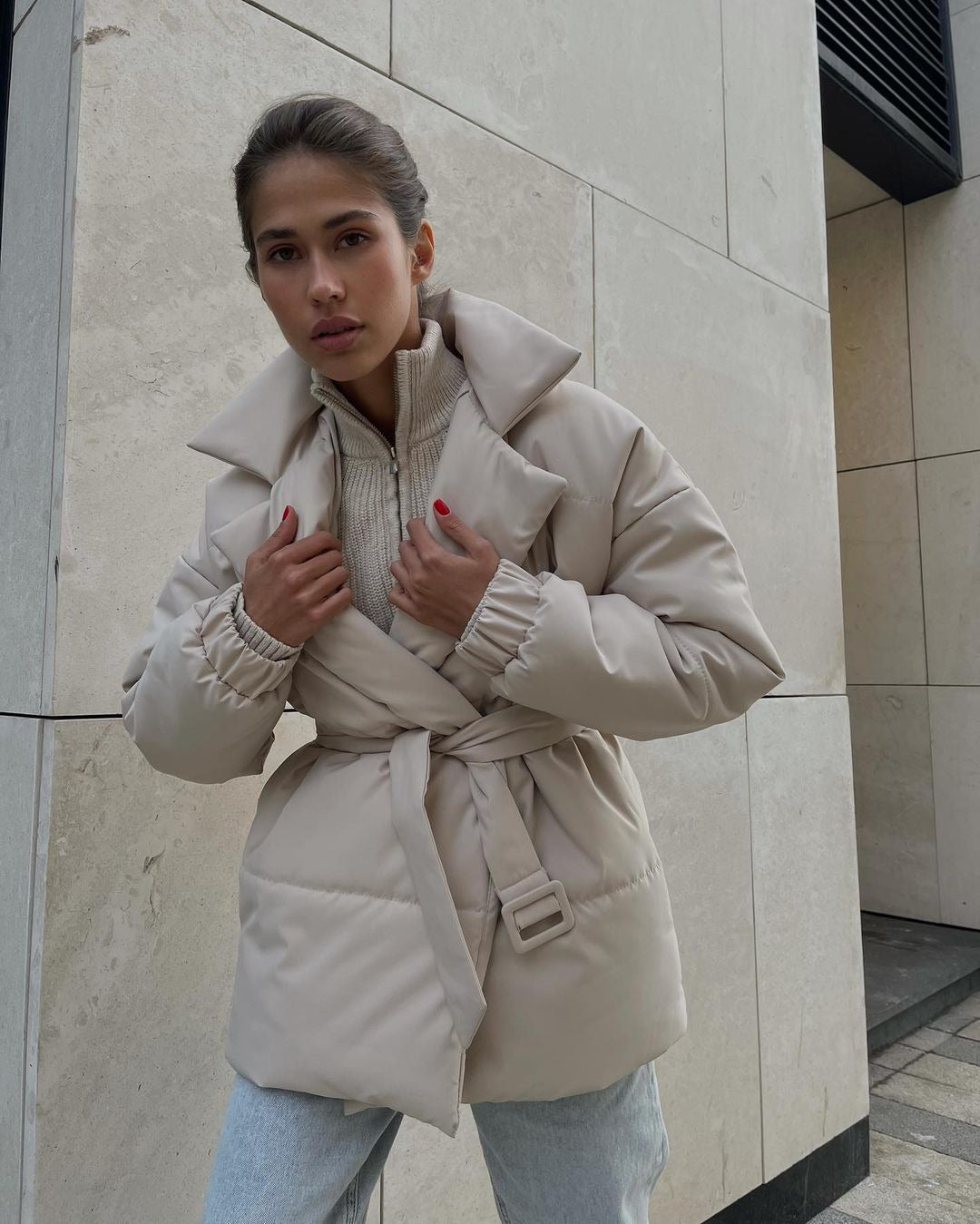 Women Padded Tailored Quilted Jacket with Belt and Hood