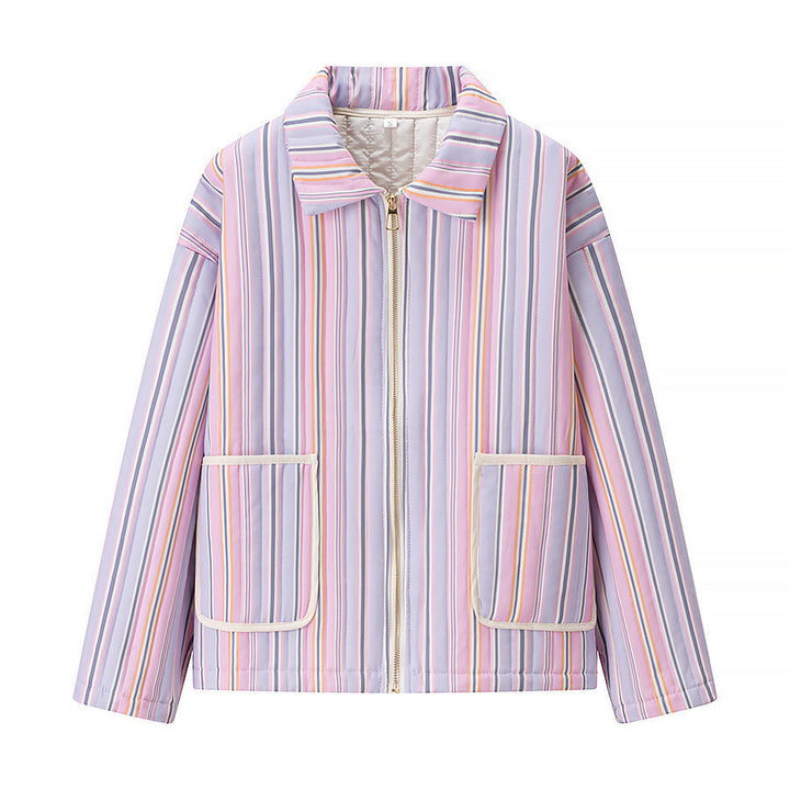 Women Striped Short Jacket with Stand-up Collar, Zip and Patch Pockets