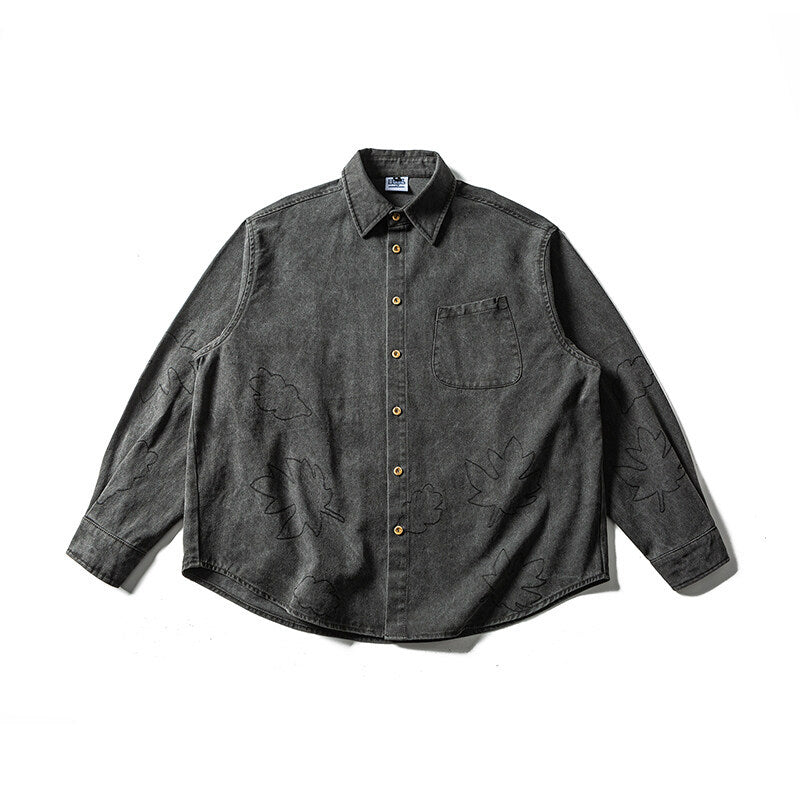 Unisex Oversized Shirt Jacket with Embroidered Leaf Motifs and Rounded Hem