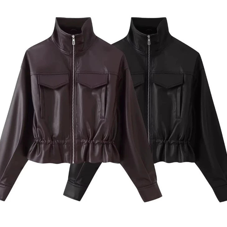 Women cropped faux leather jacket with stand collar, zip and tailored smocking