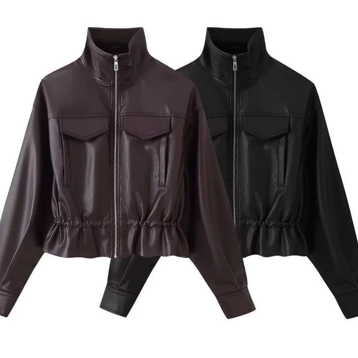 Women cropped faux leather jacket with stand collar, zip and tailored smocking