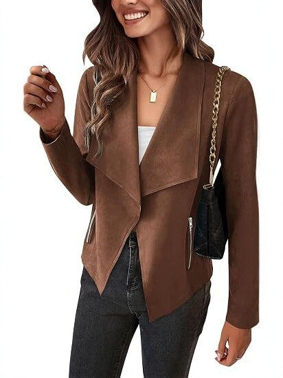Women Faux Suede Waterfall Blazer with Asymmetrical Hem and Zip Pockets