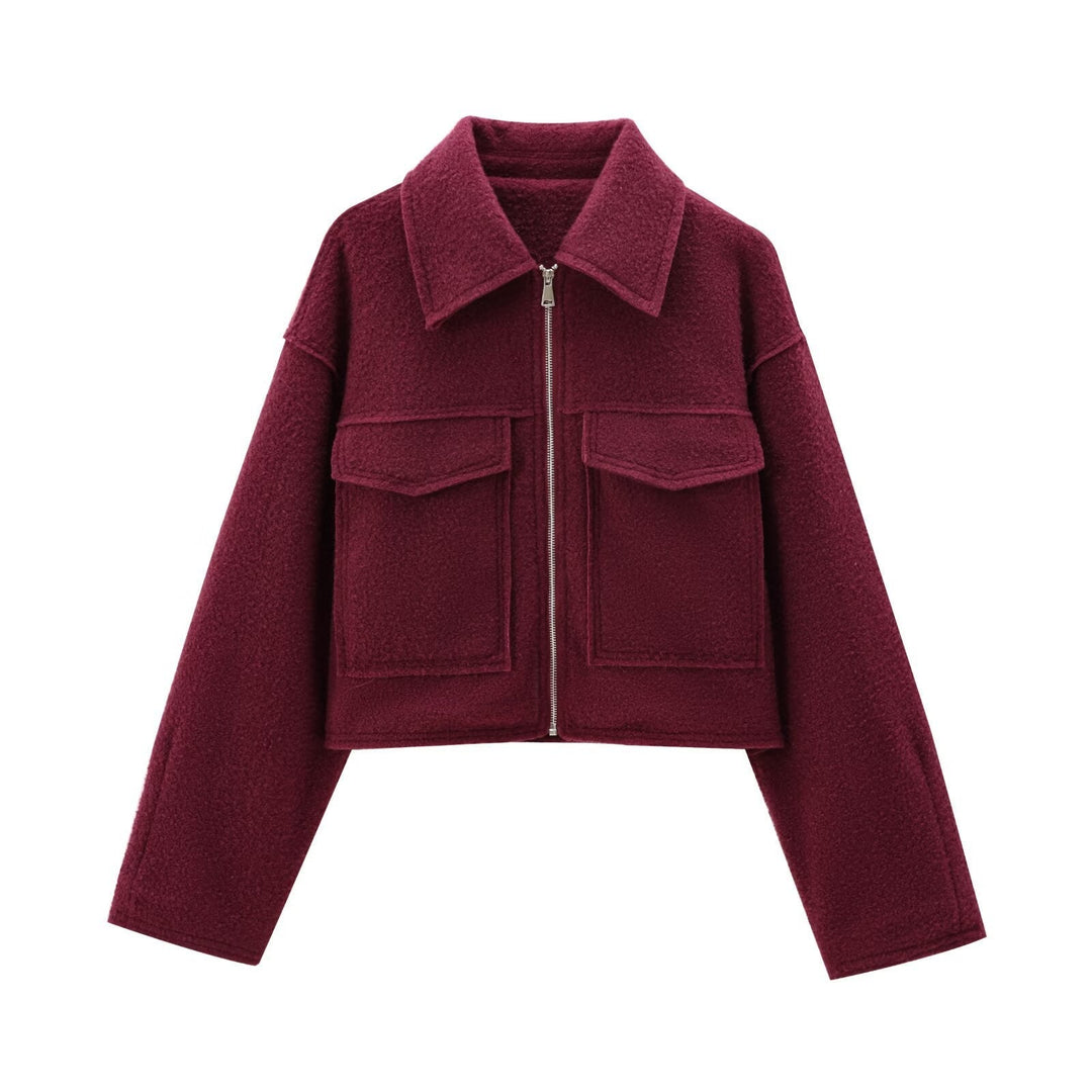 Women Short Boucle Jacket in Boxy Cut with Zip and Flap Pockets
