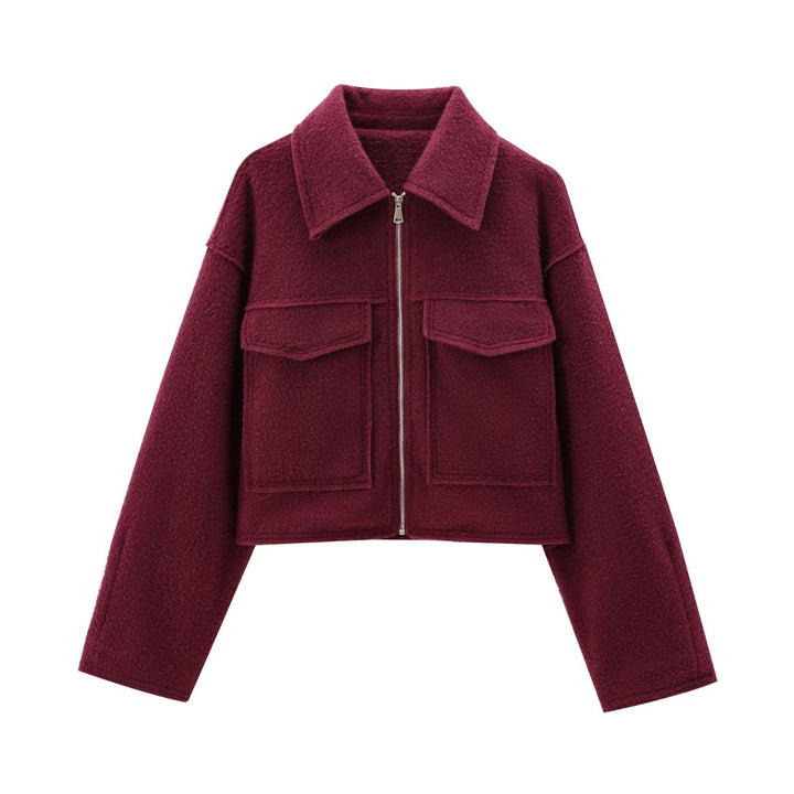 Women Short Boucle Jacket in Boxy Cut with Zip and Flap Pockets