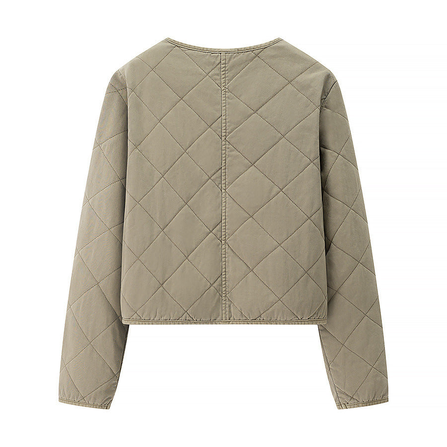 Women Light Quilted Short Jacket with Round Neck, Full Zip and Subtle Waist Length