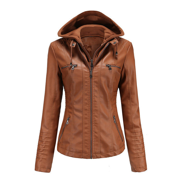 Women Tailored Faux Leather Jacket with Removable Hood and Zip