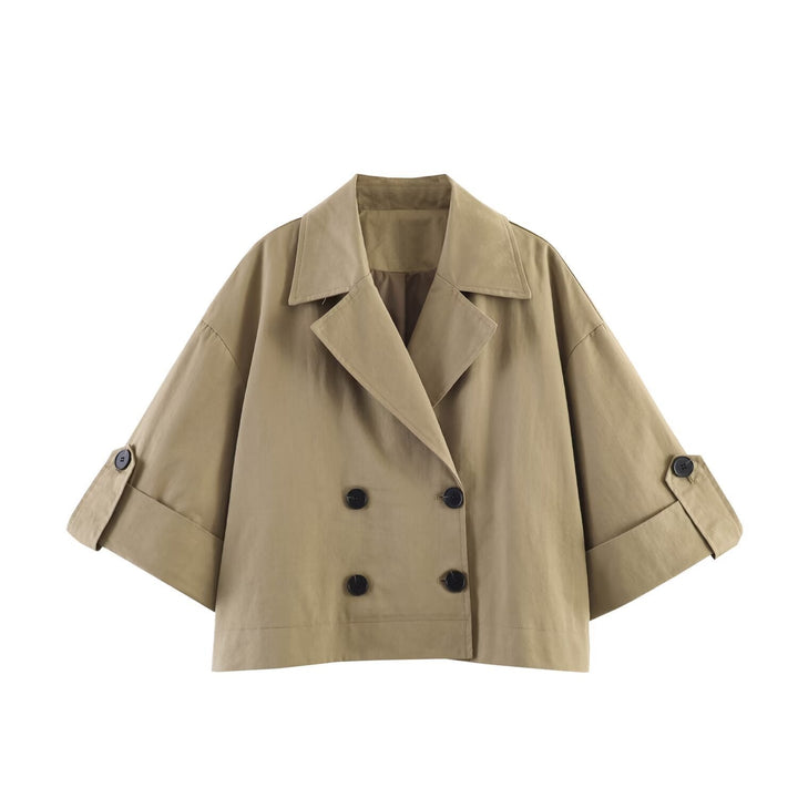 Women Short Cut Cape Trench with Boxy Silhouette and Half-Length Sleeve Straps