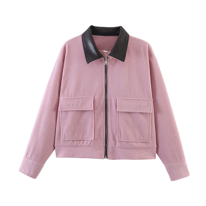 Women Ribbed Short Jacket with Zip, Patch Pockets and Contrast Faux Leather Collar