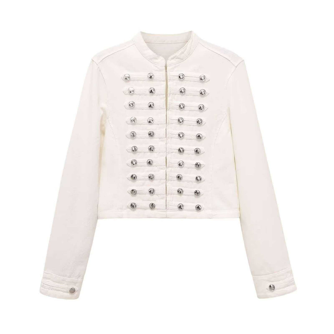 Women’s denim jacket in military style with row buttons and stand-up collar