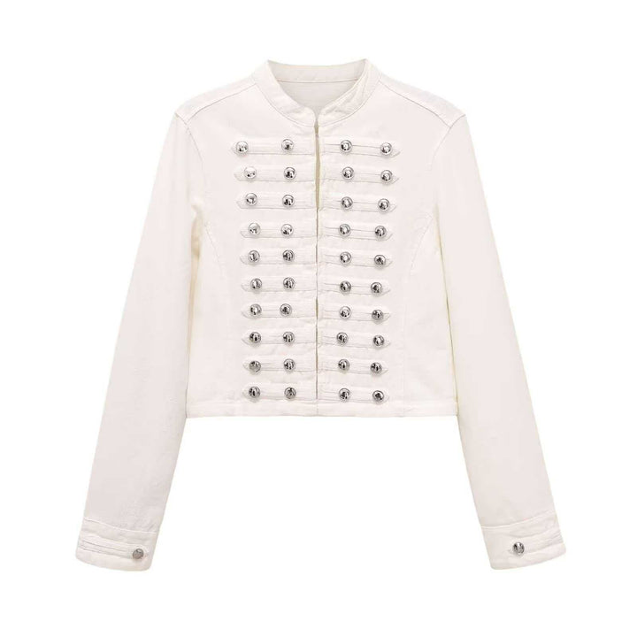 Women’s denim jacket in military style with row buttons and stand-up collar