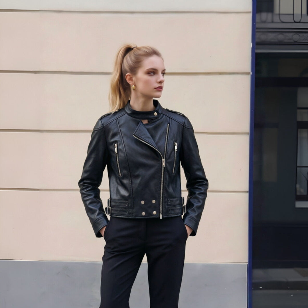 Women Cropped Biker Jacket made of Faux Leather with Stand-up Collar, Decorative Seams and Double Buckles