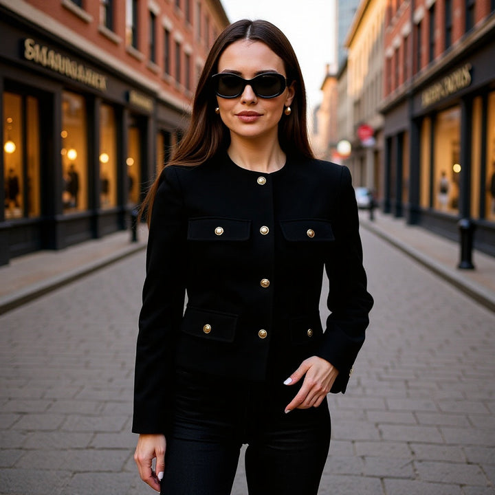 Women Short Boucle Blazer Jacket with Round Neck, Decorative Pocket Flaps, and Gold-Coloured Buttons