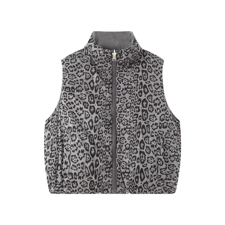 Women Padded Quilted Vest with High Stand-Up Collar and Leopard Print Lining