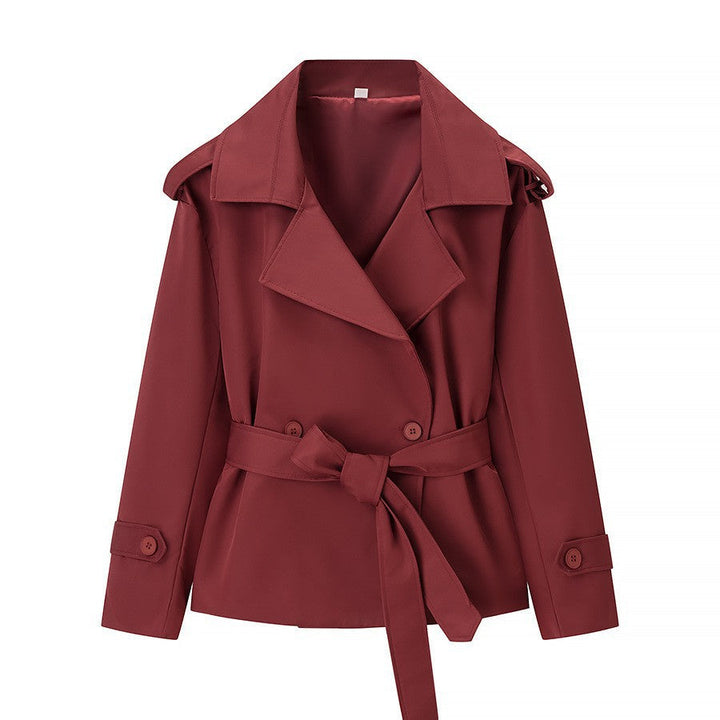 Women Tailored Short Trench Coat with Tie Belt and Epaulettes