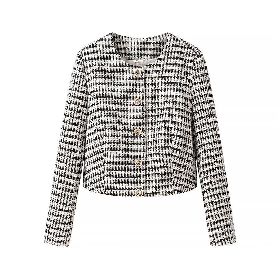 Women Tailored Boucle Short Blazer with Houndstooth Pattern and Decorative Buttons