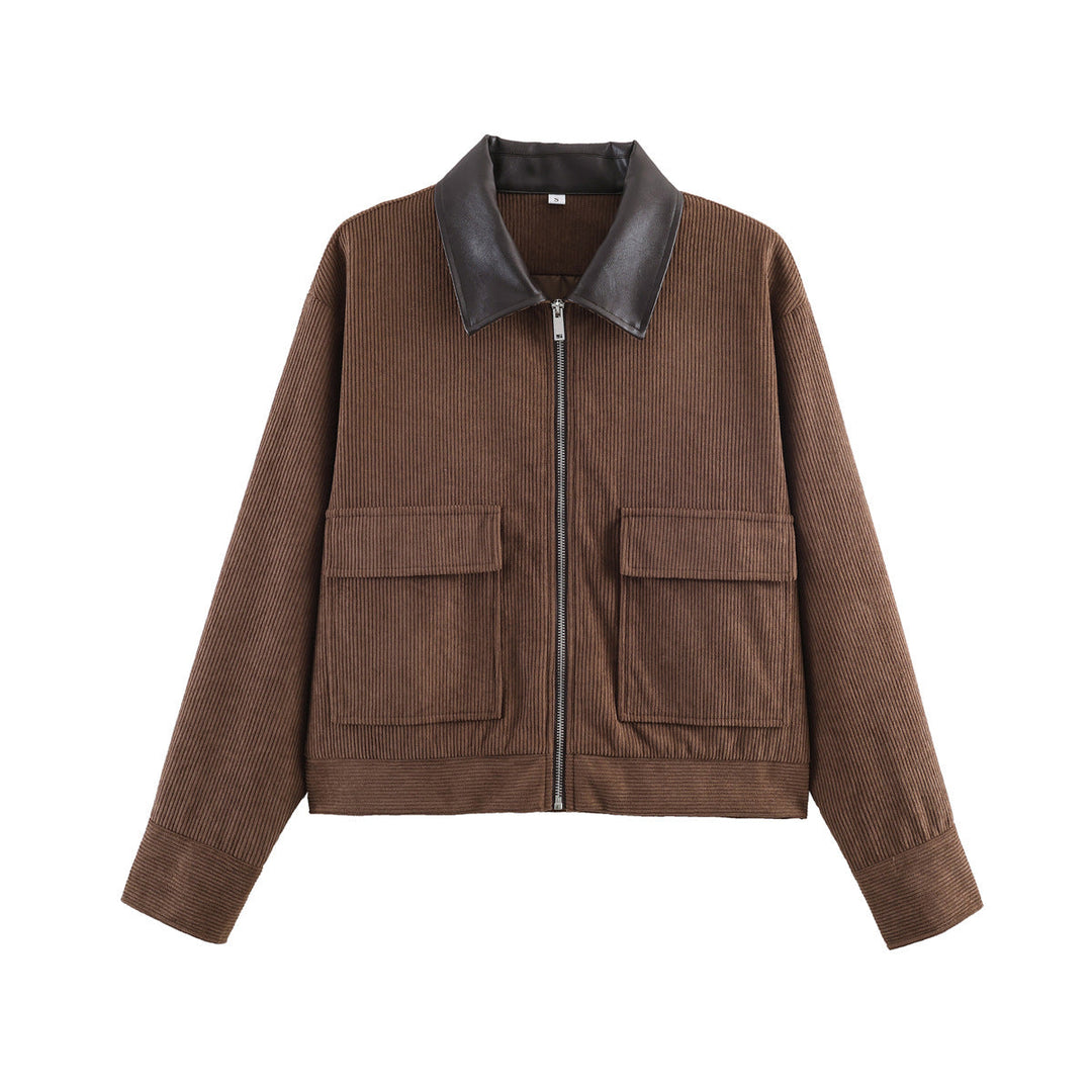 Women Ribbed Short Jacket with Zip, Patch Pockets and Contrast Faux Leather Collar