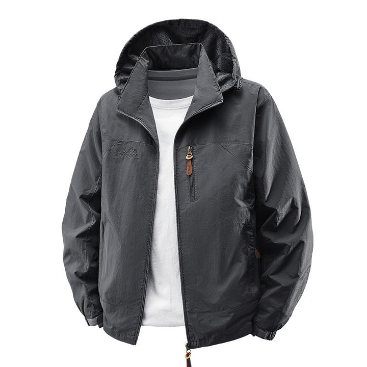 Men Packable Wind and Rain Jacket with Perforated Hood Lining, Chest Zip &amp; Drawstring