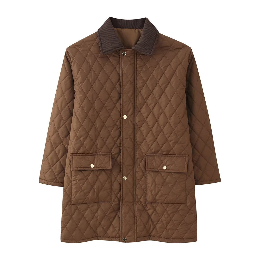 Women’s quilted coat with cord collar, checkered quilting and patch pockets