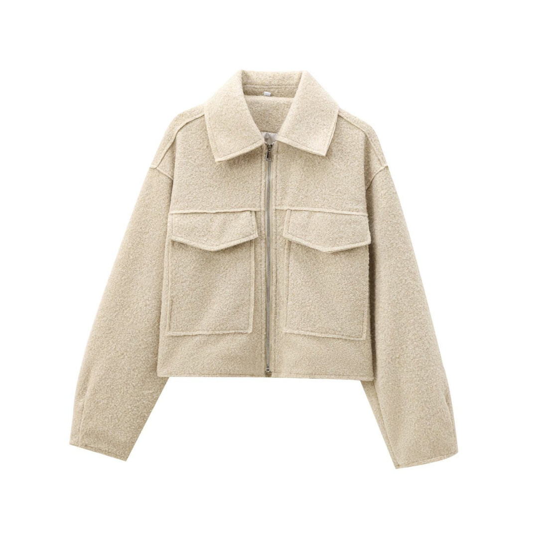 Women Short Boucle Jacket in Boxy Cut with Zip and Flap Pockets