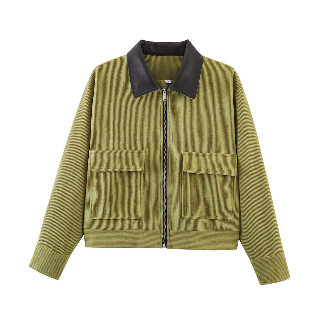 Women Ribbed Short Jacket with Zip, Patch Pockets and Contrast Faux Leather Collar