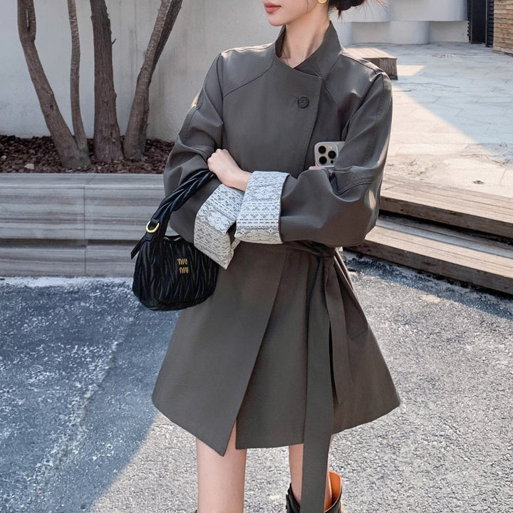 Women Elegant Trench Coat with Waist Belt and Contrast Sleeves