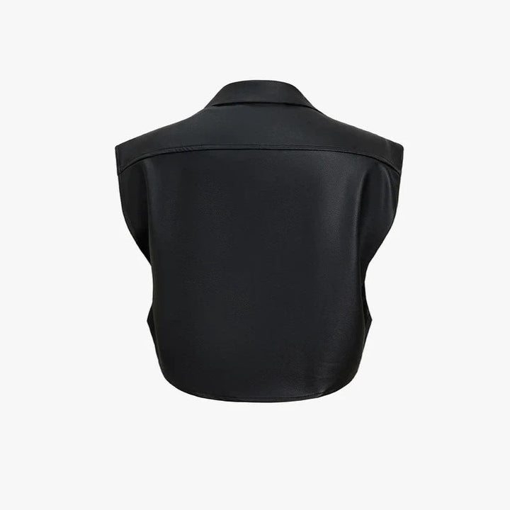 Women Short Sleeveless Faux Leather Vest with Oversized Shoulders