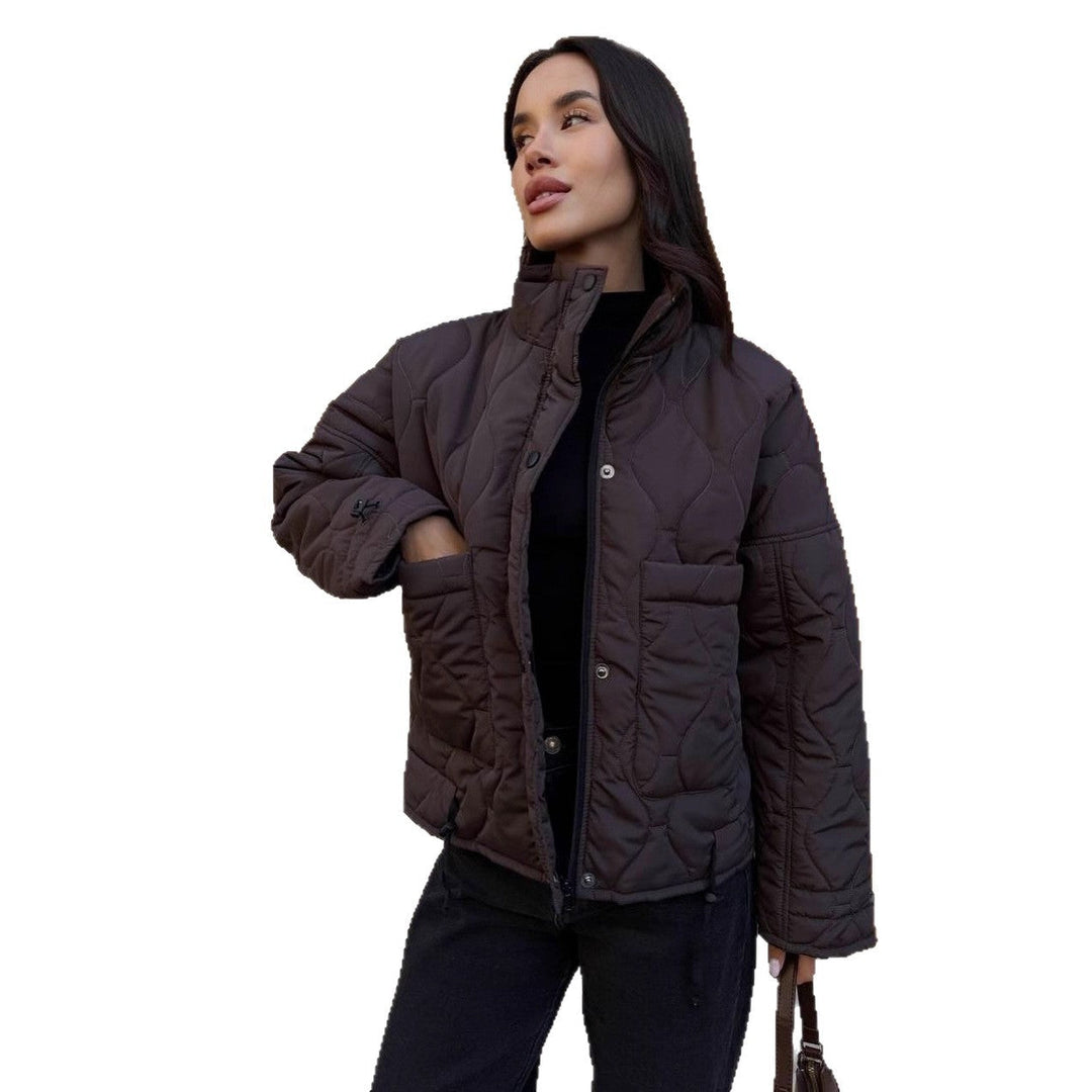 Women Short Cut Quilted Padded Jacket with Stand Collar