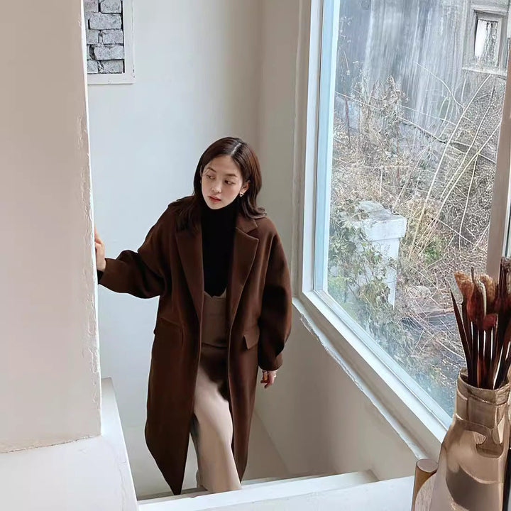 Women Longline Wool Blend Coat with boxy oversized fit and clean lapel