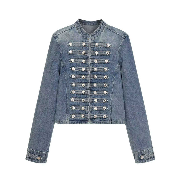 Women’s denim jacket in military style with row buttons and stand-up collar
