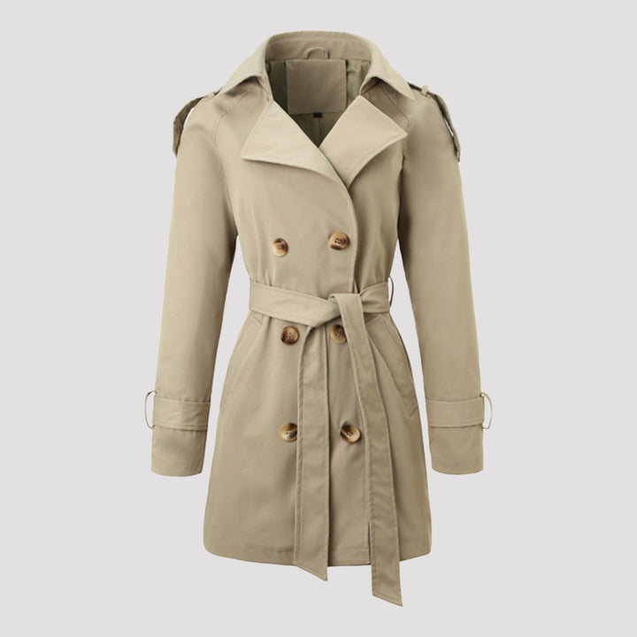 Women Tailored Trench Coat with Tied Belt, Shoulder Tabs and Metal Ring Details