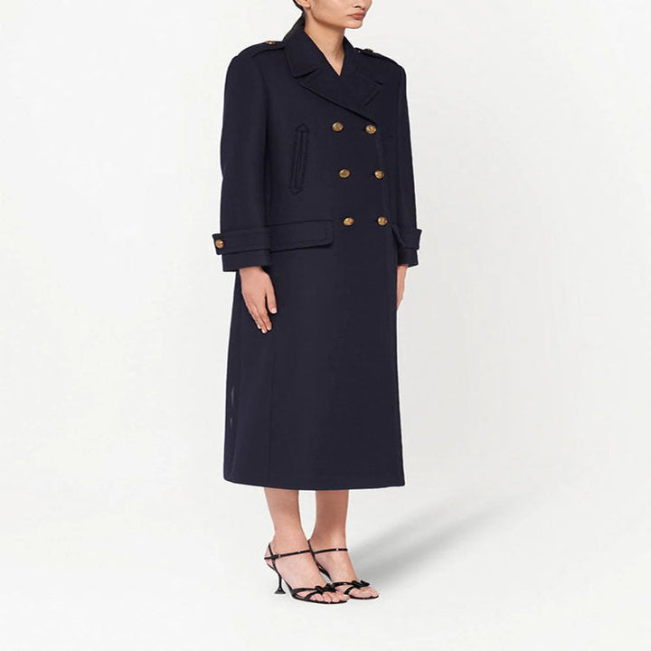 Women Double-breasted military-inspired Maxi Wool Coat with Epaulets and Decorative Straps