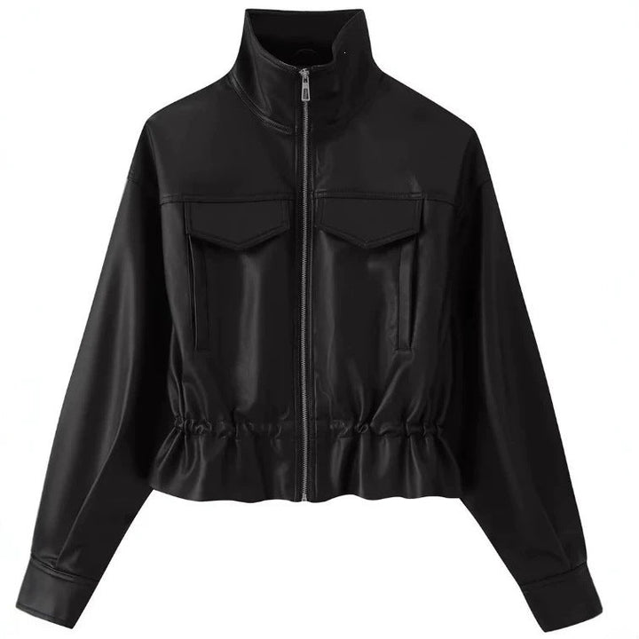 Women cropped faux leather jacket with stand collar, zip and tailored smocking