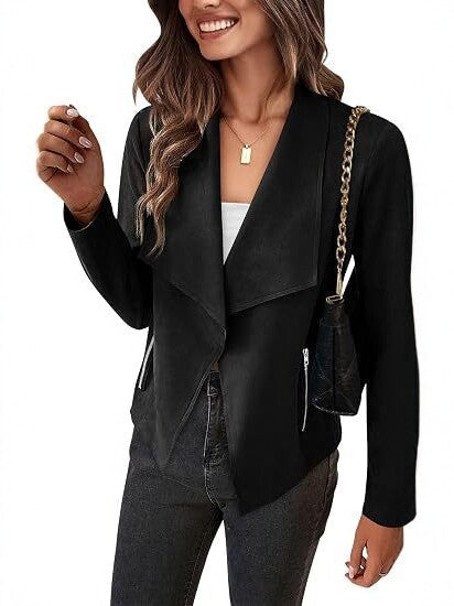 Women Faux Suede Waterfall Blazer with Asymmetrical Hem and Zip Pockets