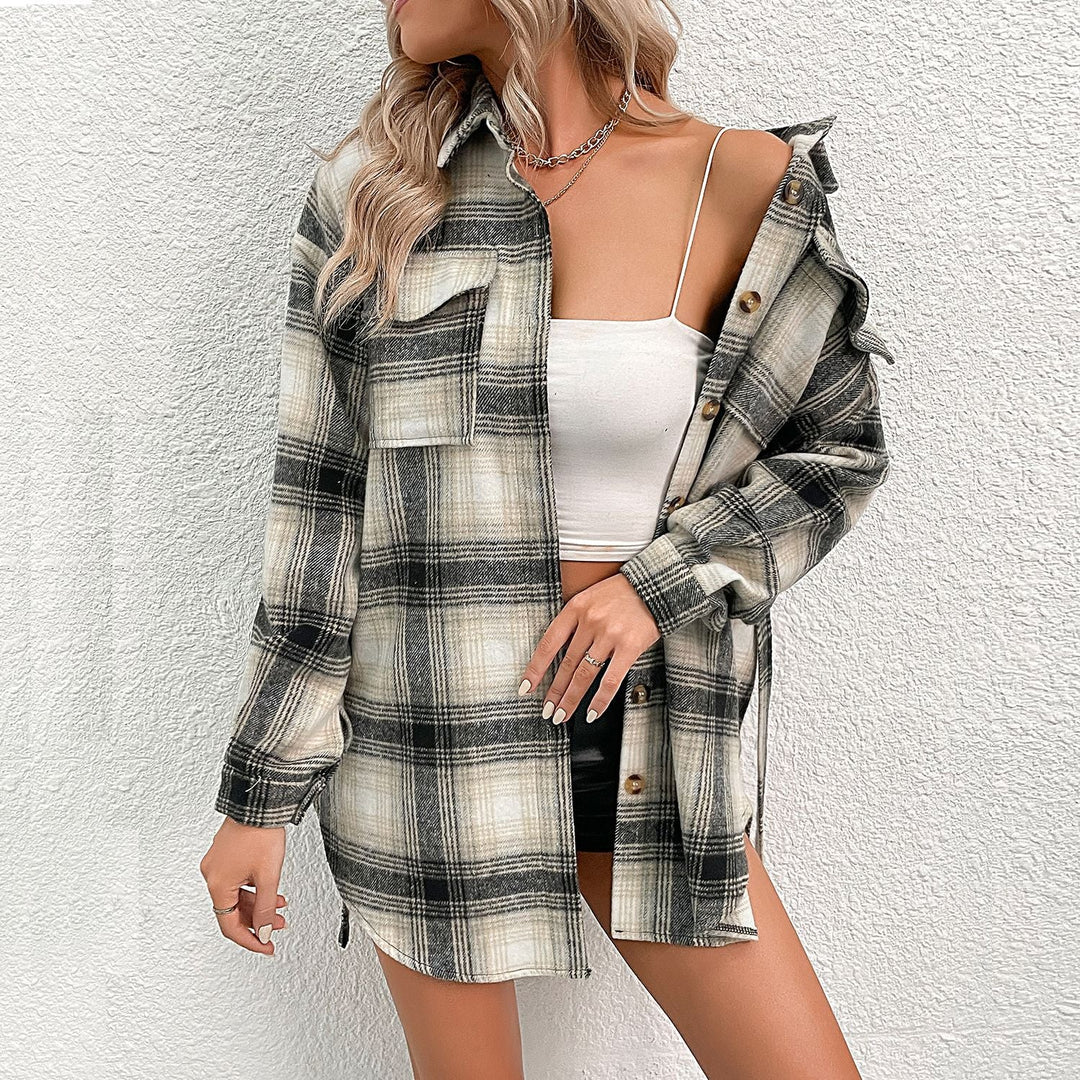 Women Checked Longline Shirt Coat with Button Placket and Waist Belt