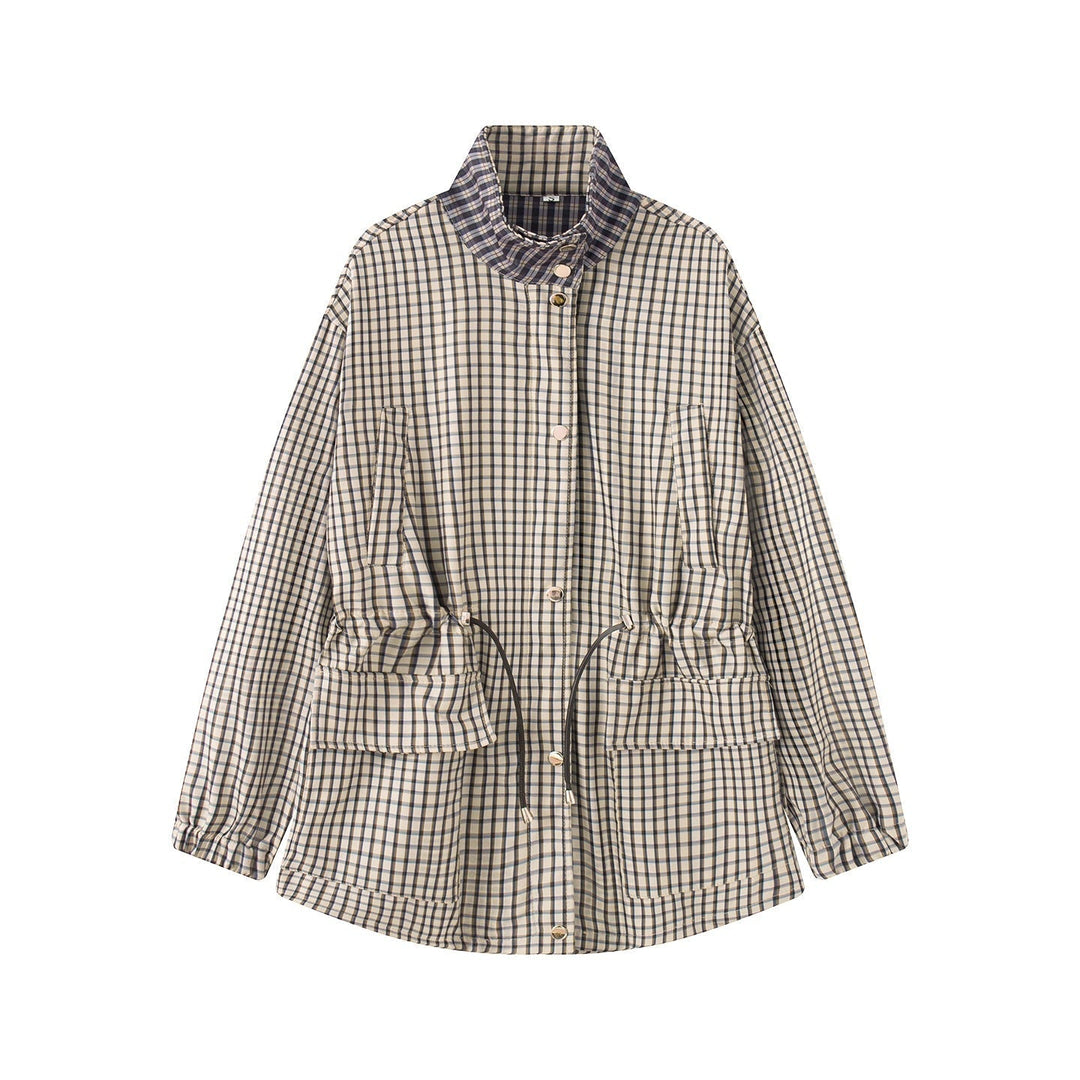 Women Checked Oversize Parka Jacket with Drawstring and Stand-up Collar