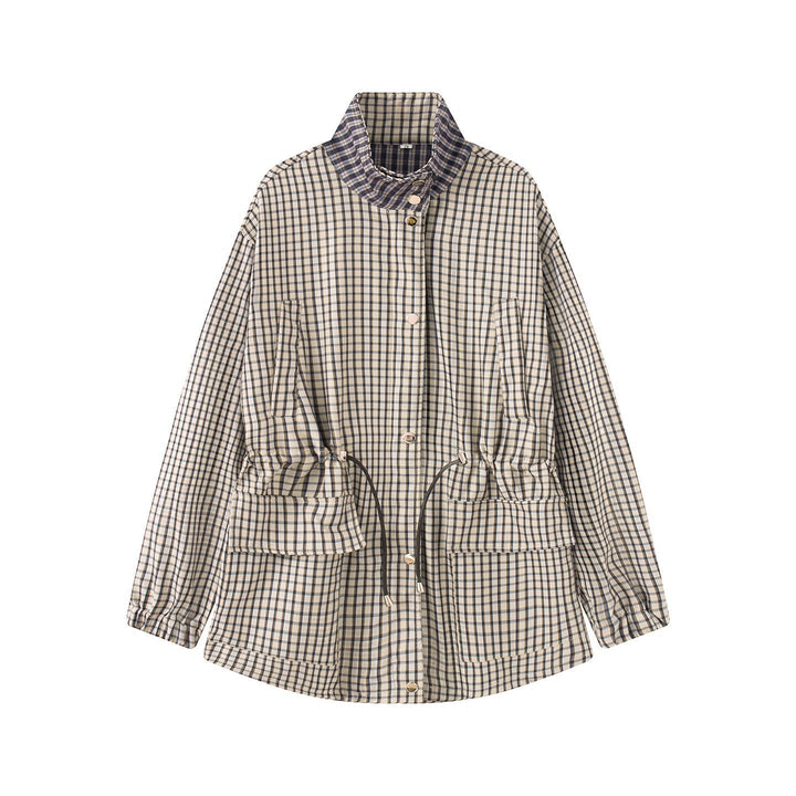Women Checked Oversize Parka Jacket with Drawstring and Stand-up Collar