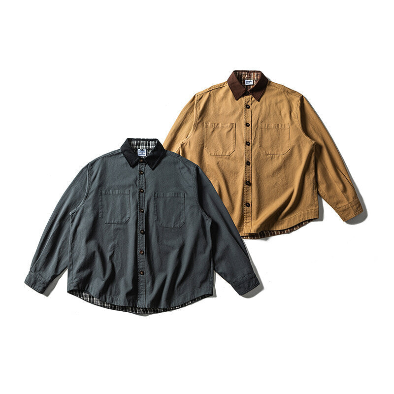 Unisex Oversize Shirt Jacket with Contrast Collar and Checked Lining