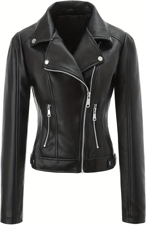 Women Tailored Biker Jacket in Leather Look with Asymmetrical Zip and Decorative Seams