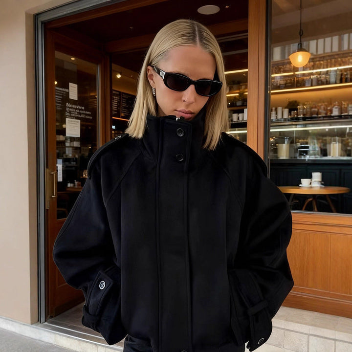Women Short Wool Blend Jacket with Stand-Up Collar, Shoulder Flaps and Adjustable Cuffs